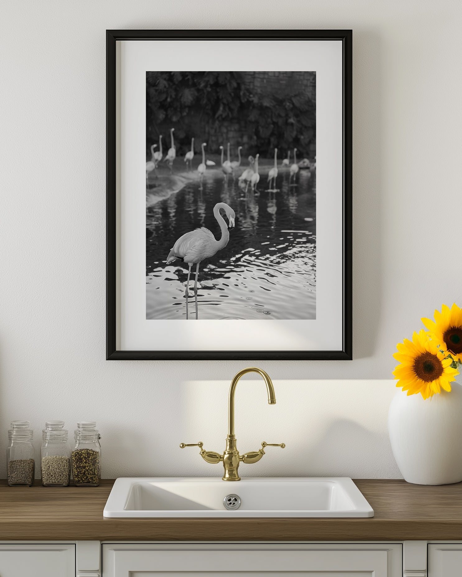 Flamingos in Water (BW)