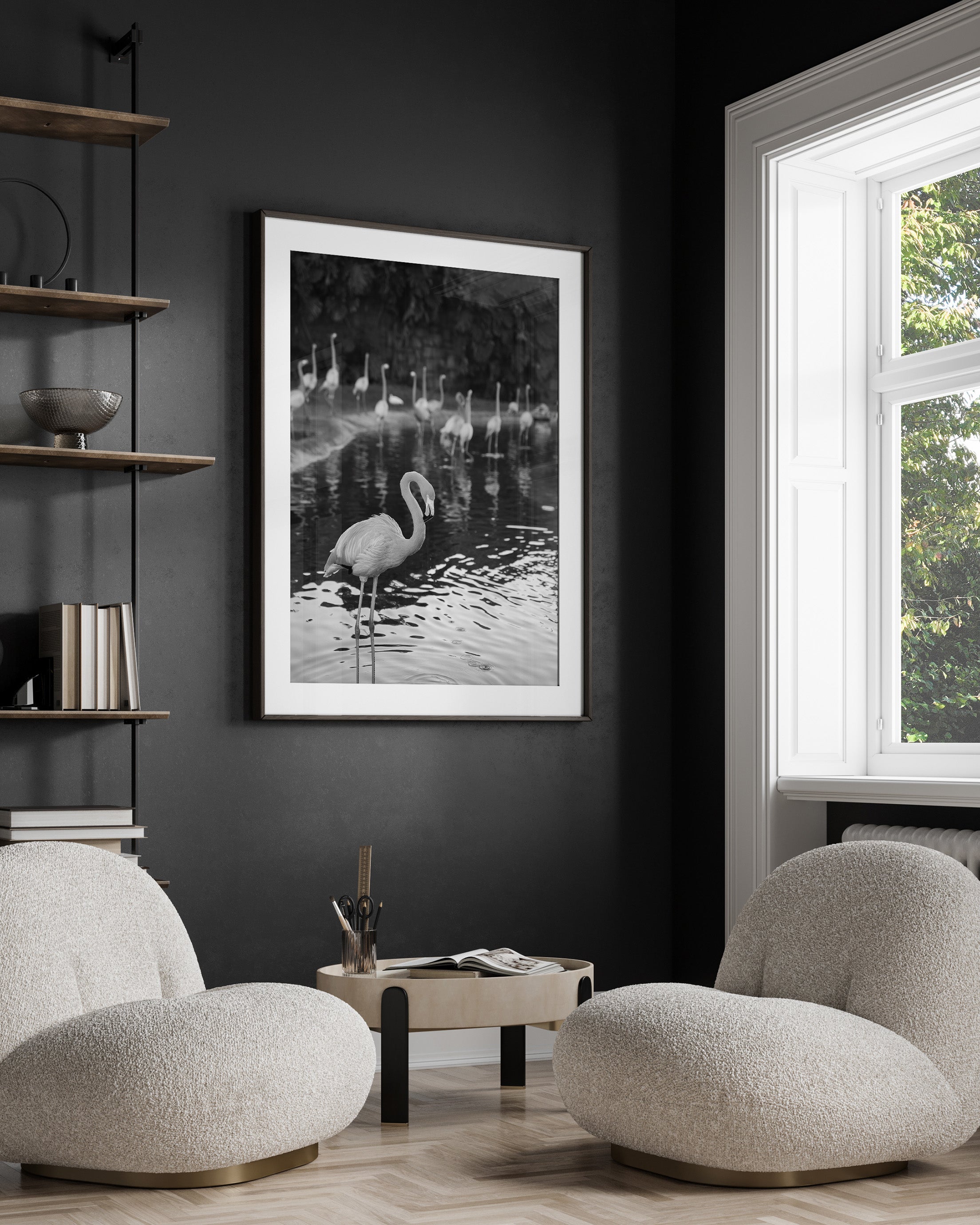 Flamingos in Water (BW)