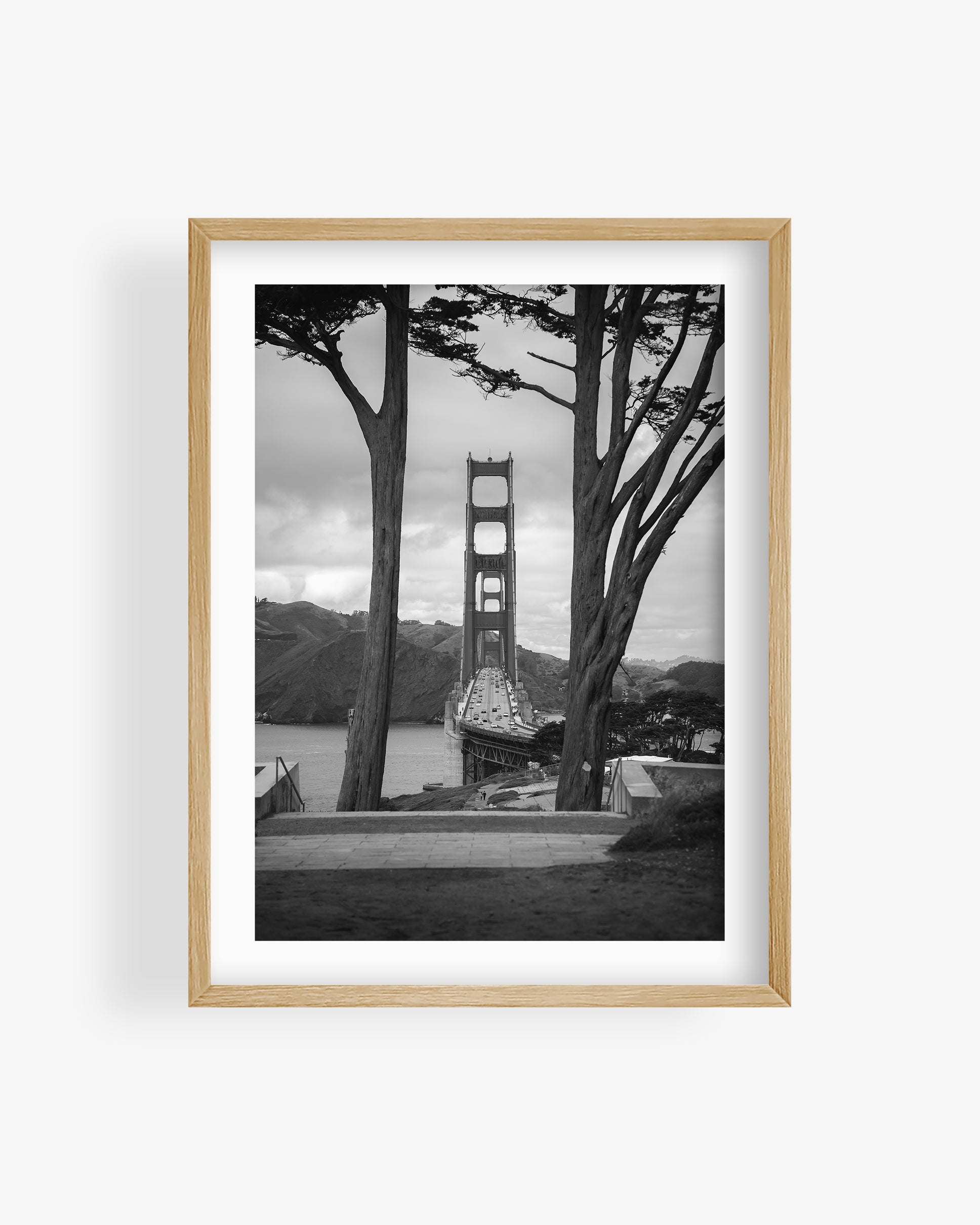 Golden Gate Bridge Centered Through Trees (BW)