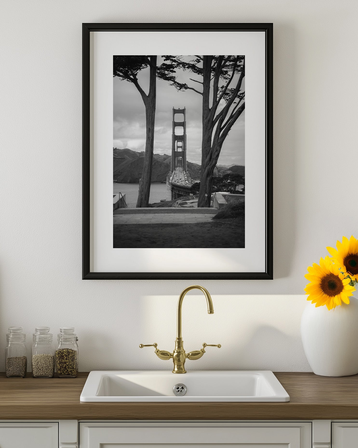 Golden Gate Bridge Centered Through Trees (BW)